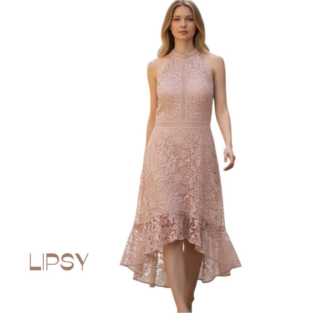 LIPSY Sheer Blush Lace High Low Feminine Boho Cottage Dress NWOT Size 8